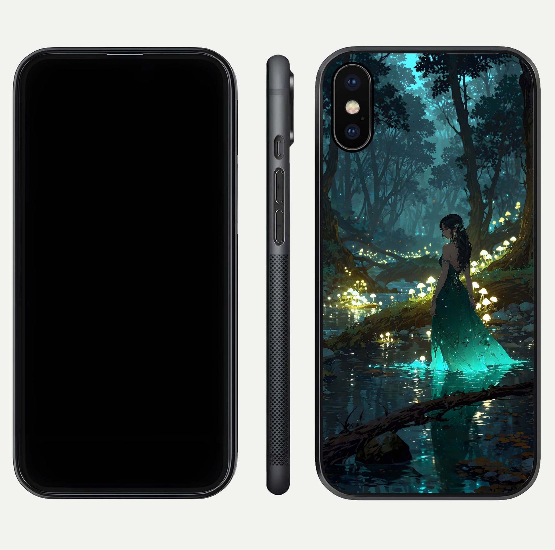 Enchanted Forest Glow Glass Case for iPhone X dual-view layout displaying green tones and smooth glass