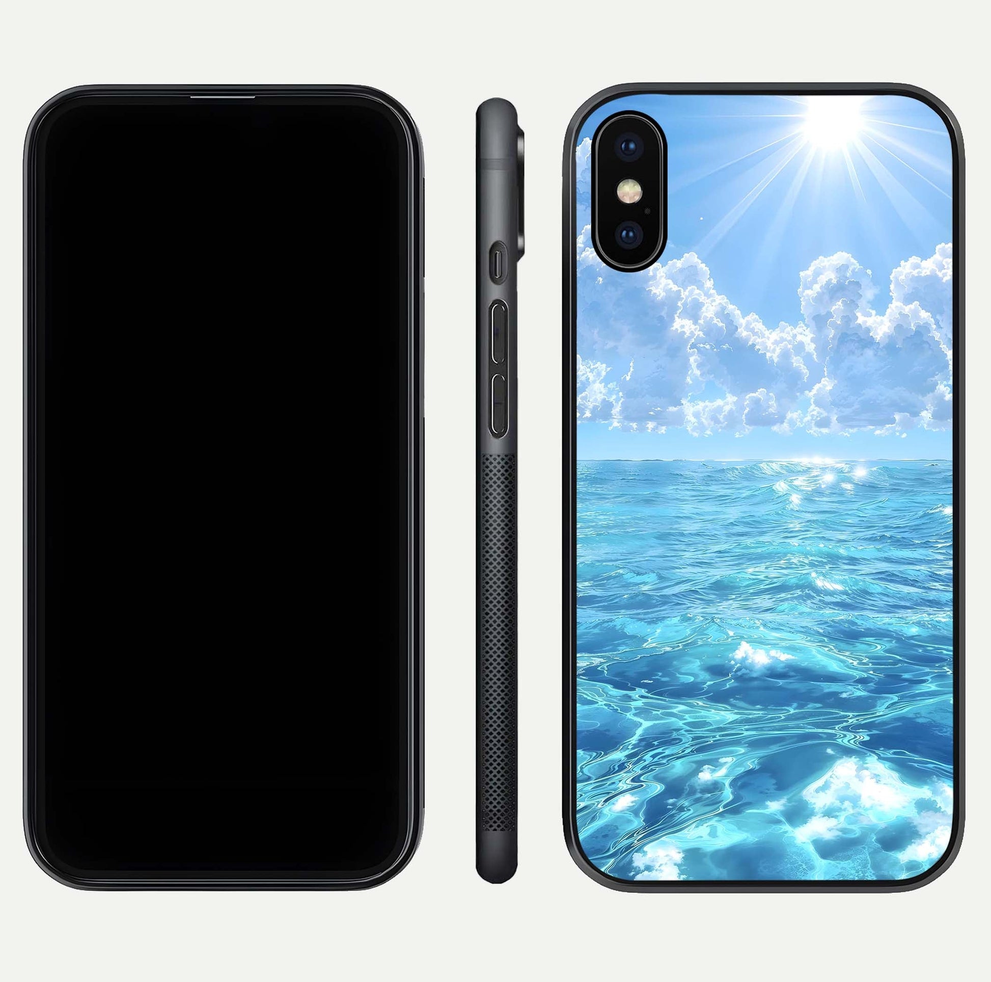 Endless Ocean Horizon Glass Case for iPhone X dual-view layout displaying calm seascape and curved edges