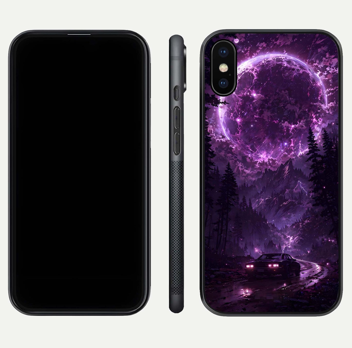 Eternal Cosmic Drive Glass Case for iPhone X dual-view layout displaying outer-space tones and curved finish