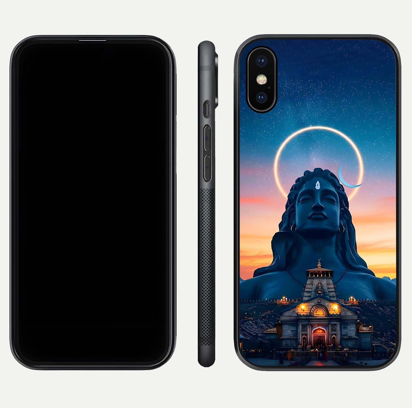 Eternal Shiva Aura Glass Case for iPhone X dual-view layout displaying HD deity print and smooth edge