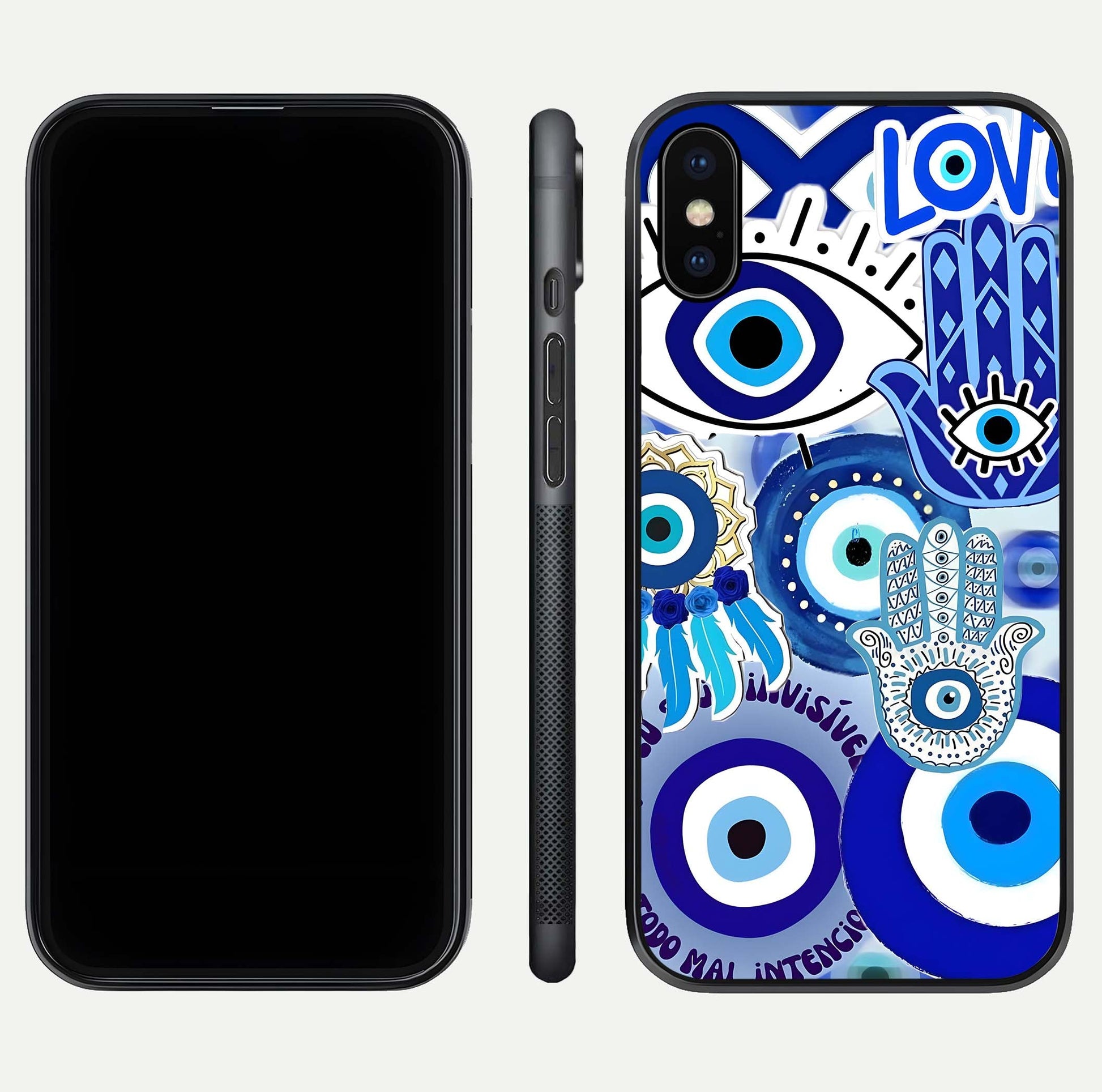 Evil Eyes Dream Glass Case for iPhone X dual-view layout displaying spiritual motif and polished curved edge