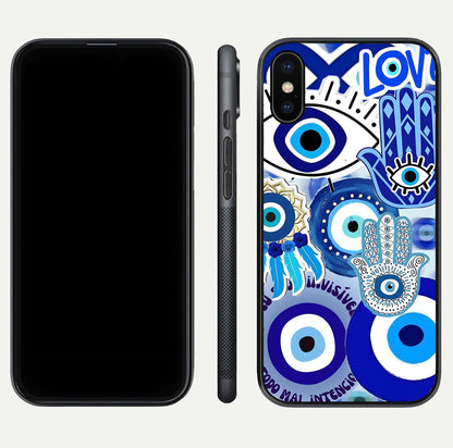 Evil Eyes Dream Glass Case for iPhone X dual-view layout displaying spiritual motif and polished curved edge