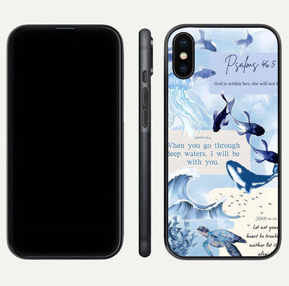 Faithful Ocean Promise Glass Case for iPhone X dual-view layout showing sea horizon art and curved polish