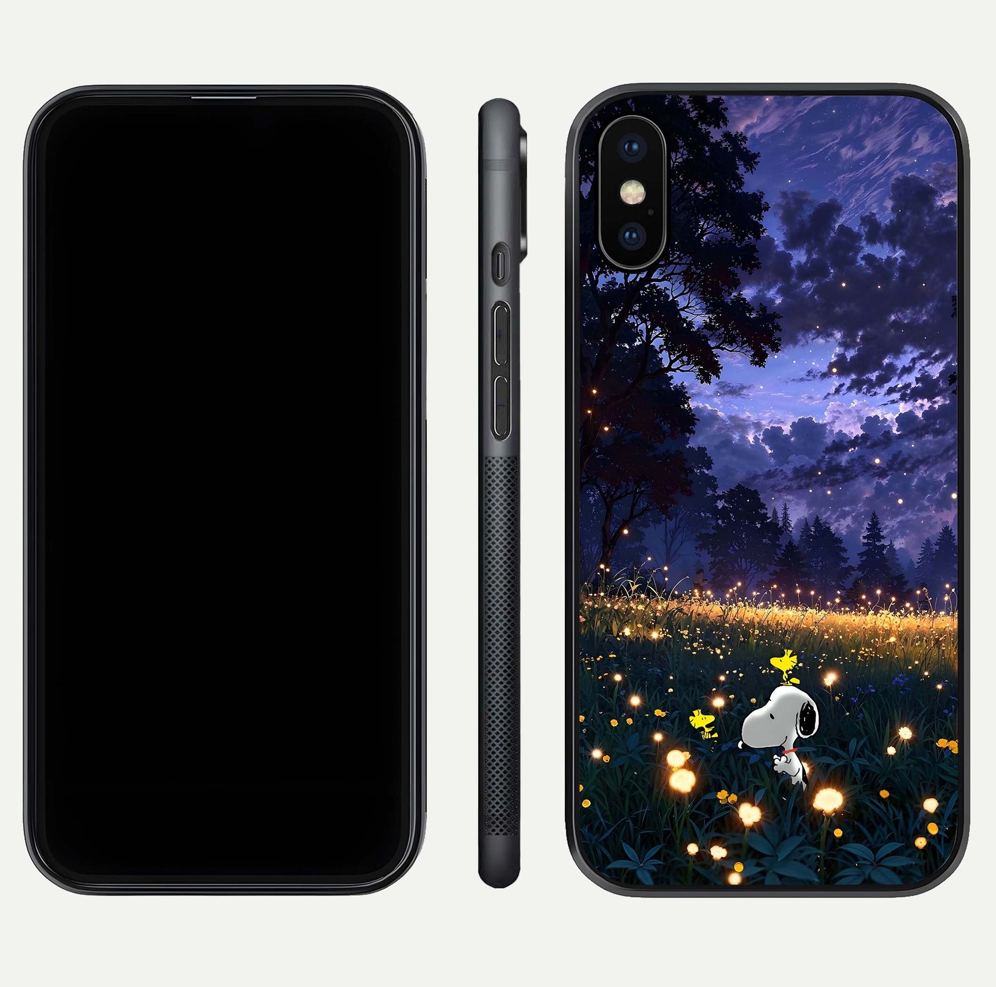 Firefly Meadow Magic Glass Case for iPhone X dual-view layout displaying enchanting tones and curved edges