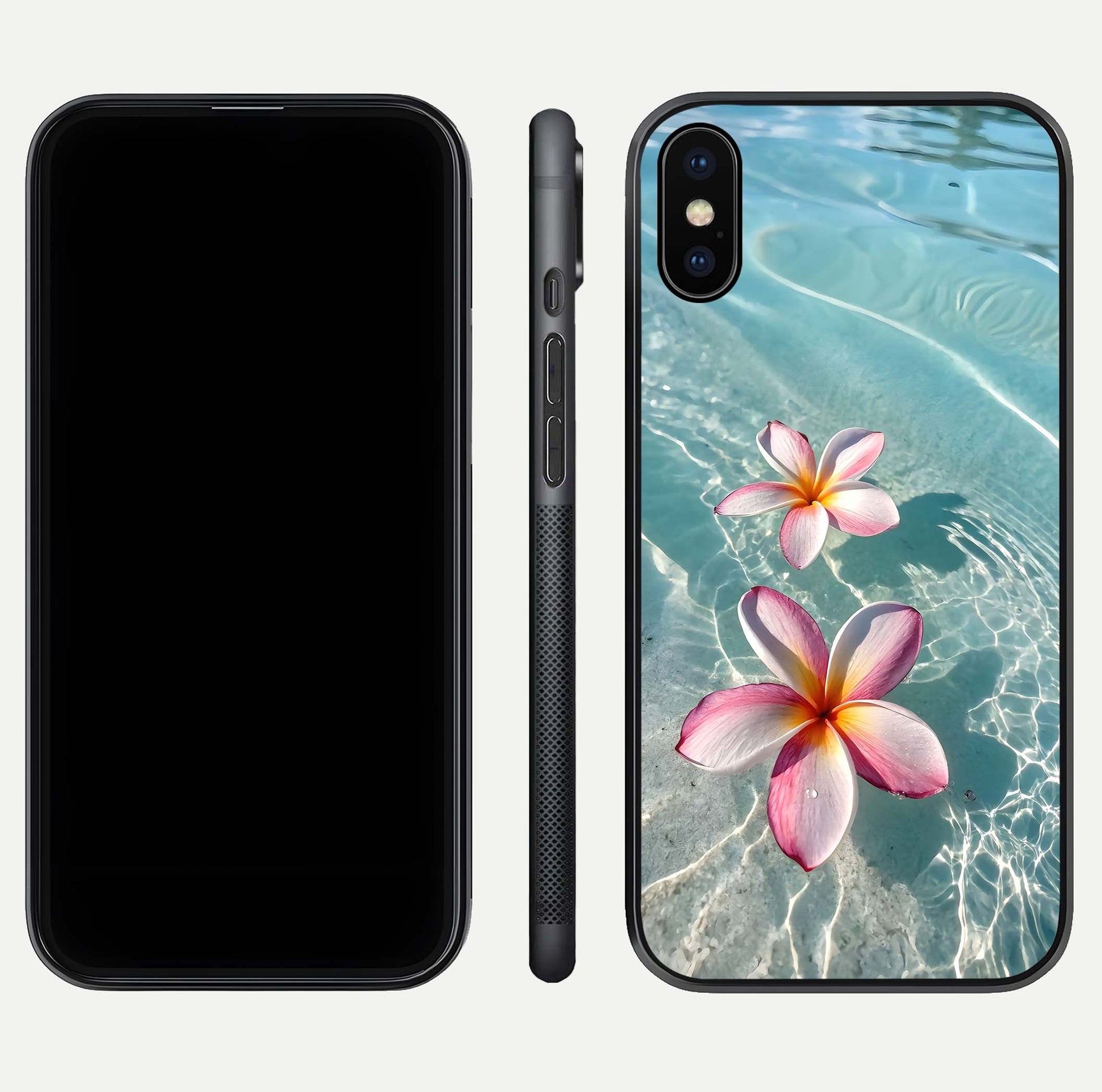 Floating Bloom Bliss Glass Case for iPhone X dual-view layout displaying soft pastel flowers and curved glass