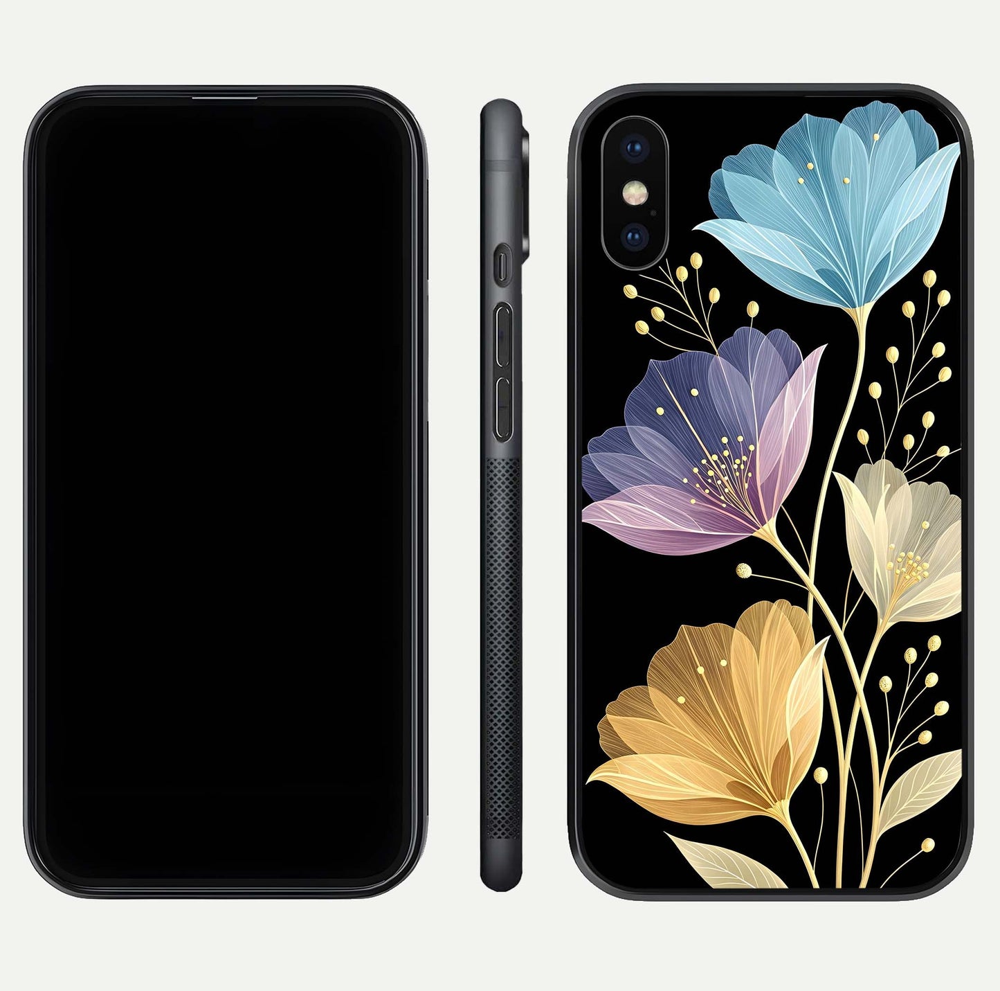 Flower Bloom Glow Glass Case for iPhone X dual-view layout displaying petal tones and curved glass edge