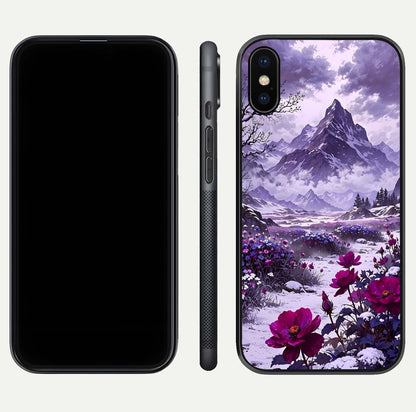 Flower Mountain View Glass Case for iPhone X dual-view layout displaying scenic tones and curved glass finish
