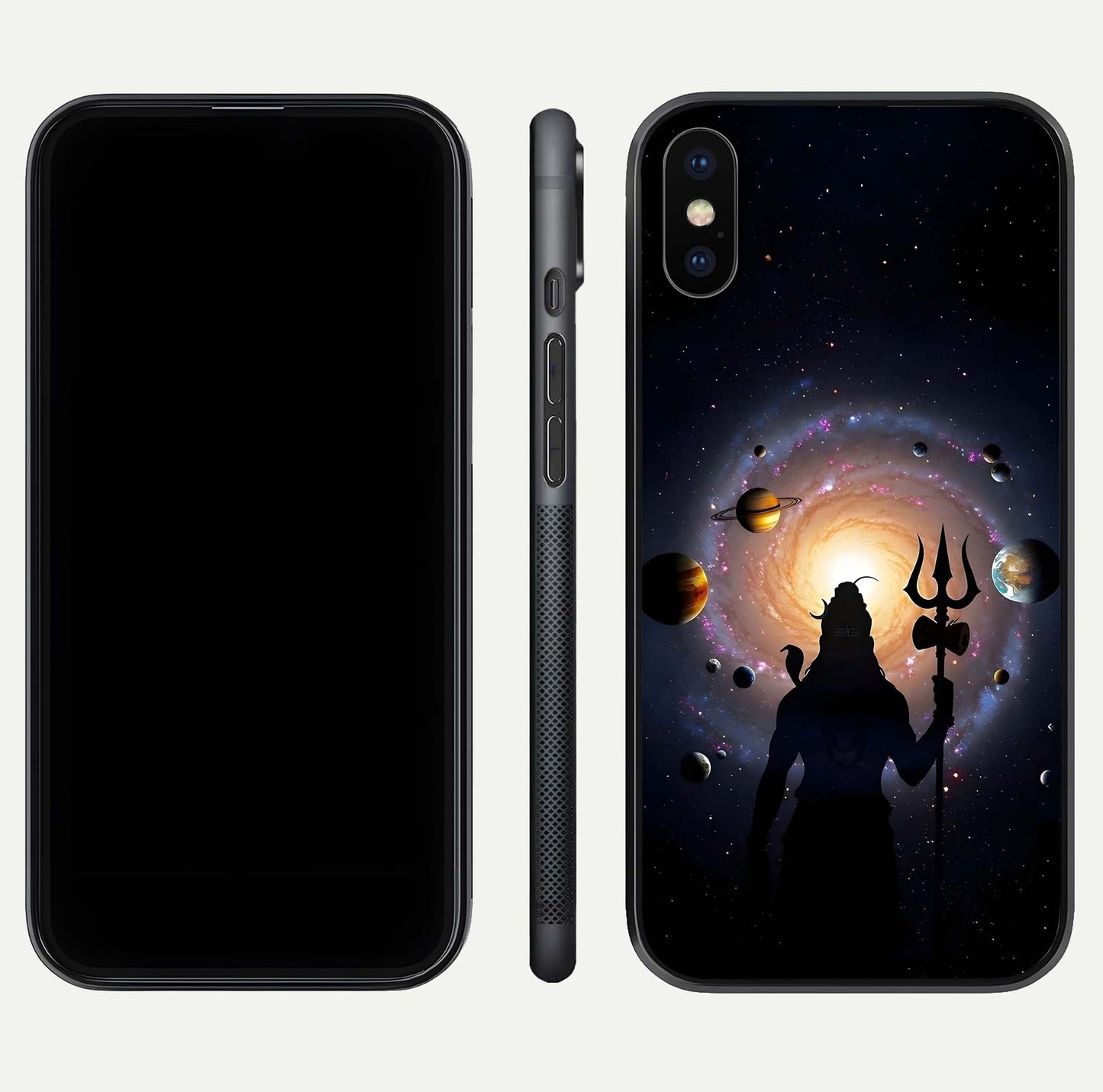 Galactic Shiva Vision Glass Case for iPhone X front and back view layout showing celestial background and polished curved glass
