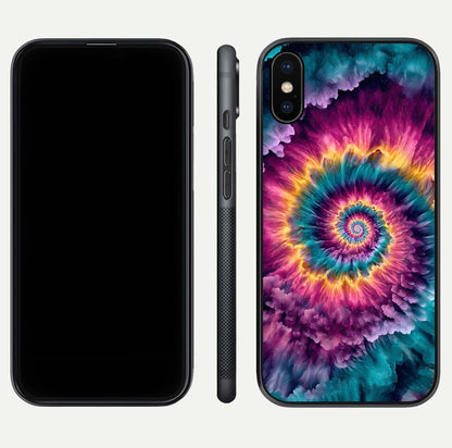 Galactic Spiral Burst Glass Case for iPhone X front and back view layout highlighting cosmic swirl and curved edges