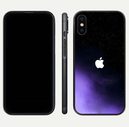 Galaxy Apple Aura Glass Case for iPhone X front and back view layout displaying cosmic tones and premium curved glass edges