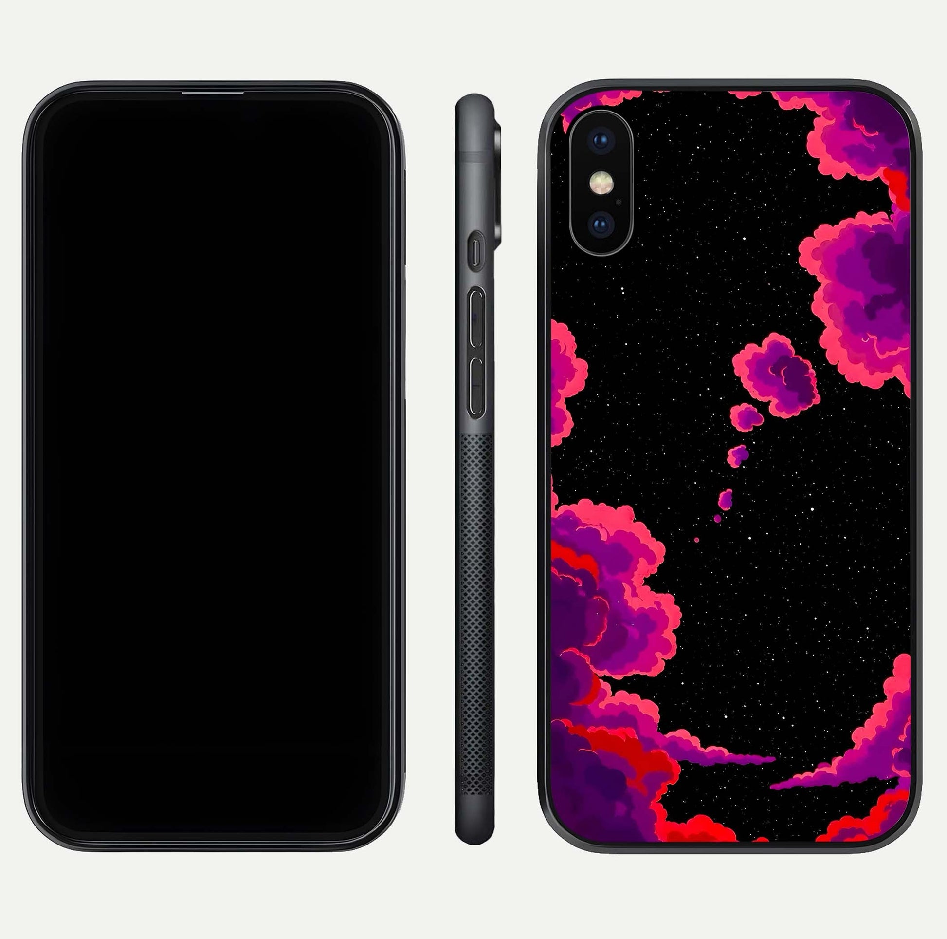 Galaxy Dream Frame Glass Case for iPhone X front and back view layout highlighting cosmic design and smooth glass curvature