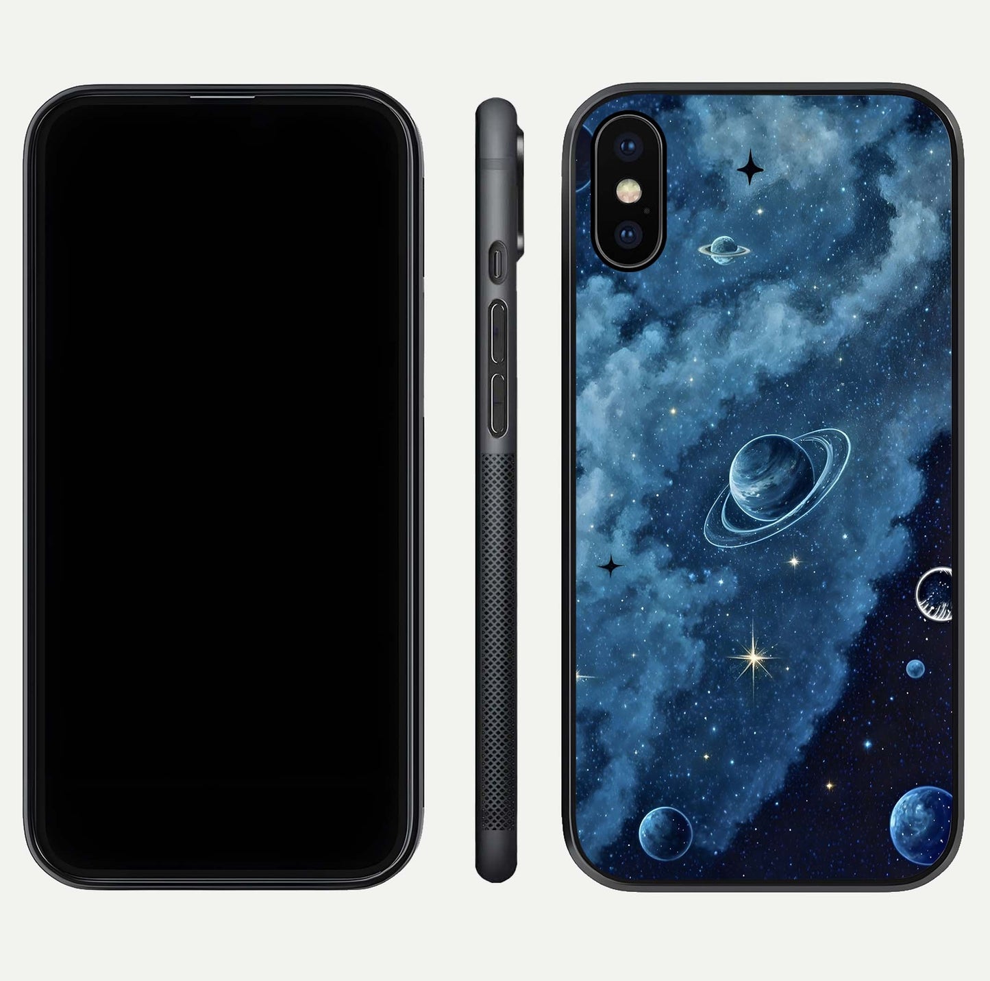 Galaxy Dream Space Glass Case for iPhone X front and back view layout showing deep-space tones and curved edges