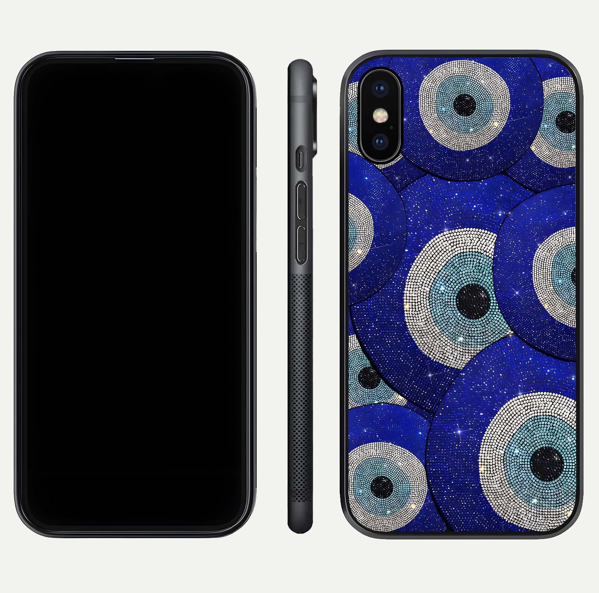 Galaxy Eye Flow Glass Case for iPhone X front and back view layout displaying cosmic art and curved glass borders