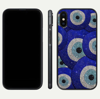 Galaxy Eye Flow Glass Case for iPhone X front and back view layout displaying cosmic art and curved glass borders