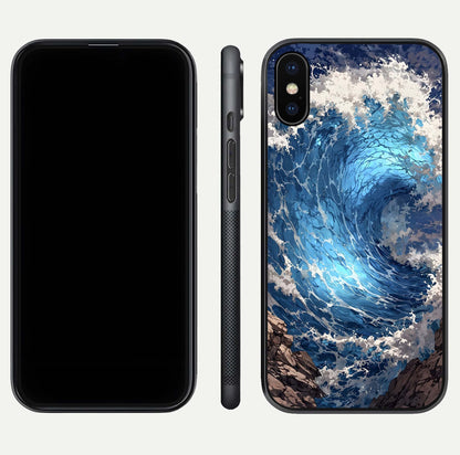 Giant Ocean Wave Glass Case for iPhone X front and back view layout displaying sea tones and smooth curved edges