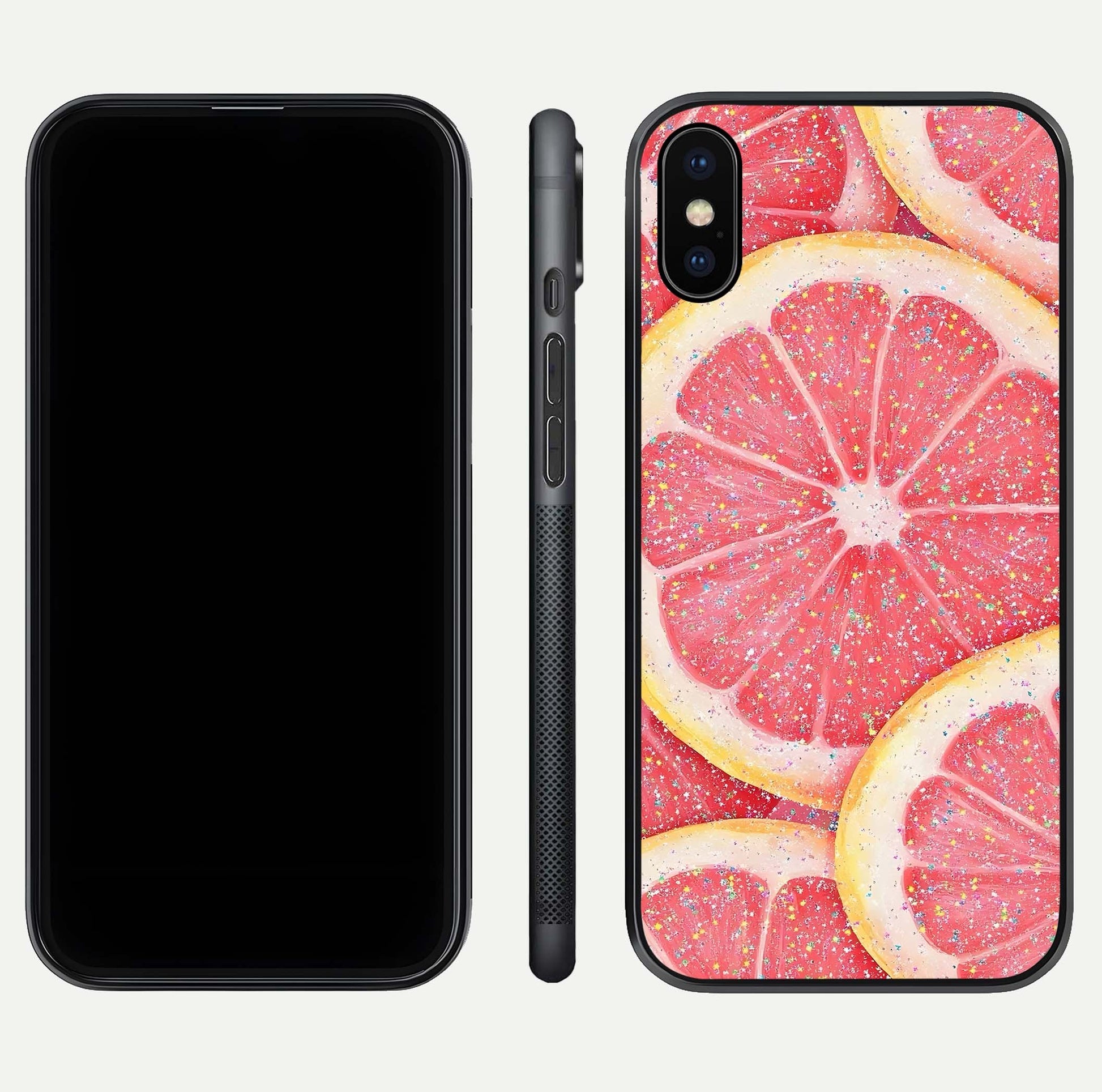 Glitter Grapefruit Glass Case for iPhone X front and back view layout highlighting citrus hues and smooth glass