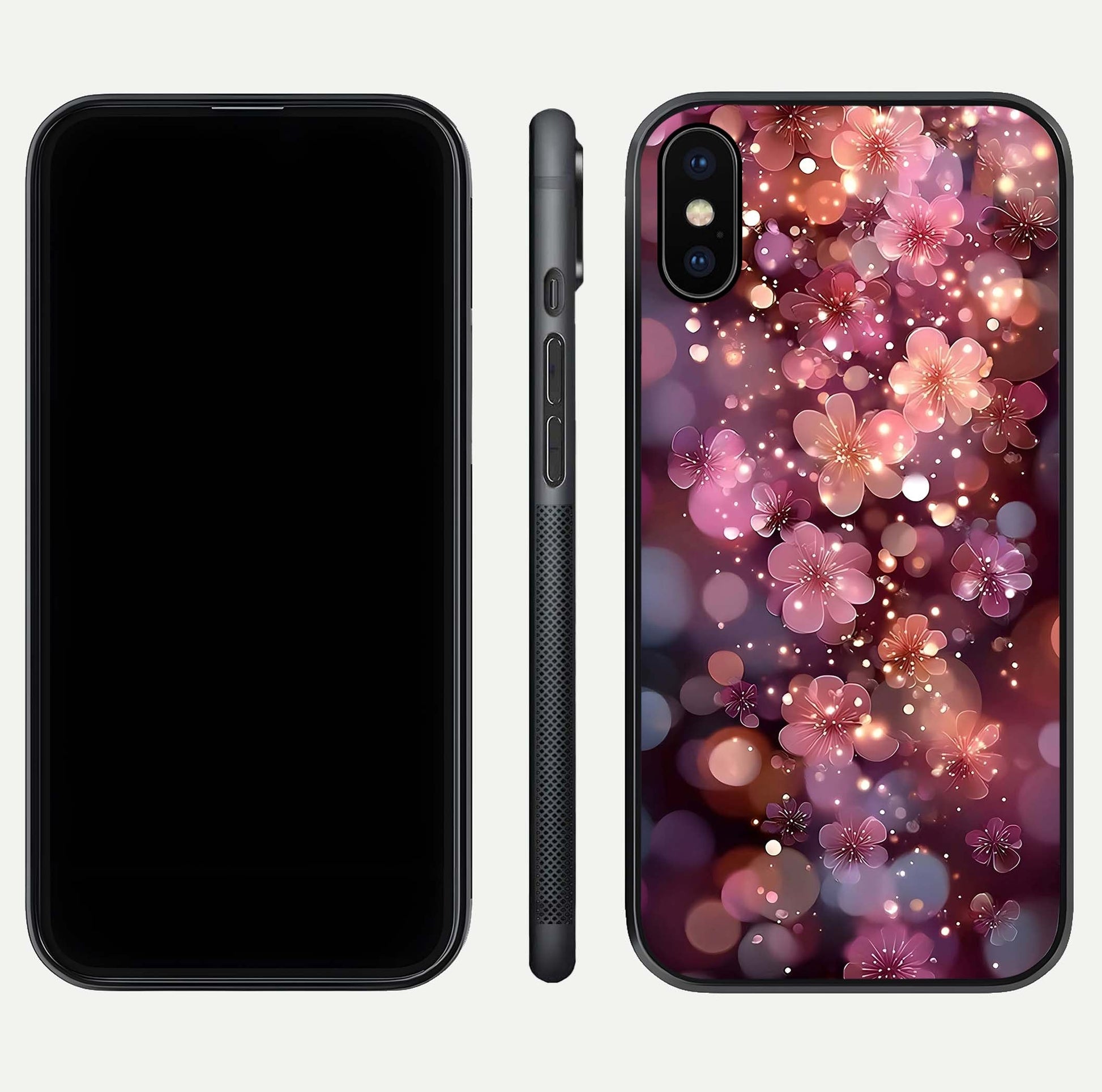 Glowing Petal Bliss Glass Case for iPhone X front and back view layout displaying artistic floral design and curved glass