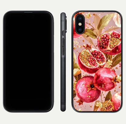 Golden Bloom Glow Glass Case for iPhone X front and back view layout highlighting luxury floral pattern and curved edges