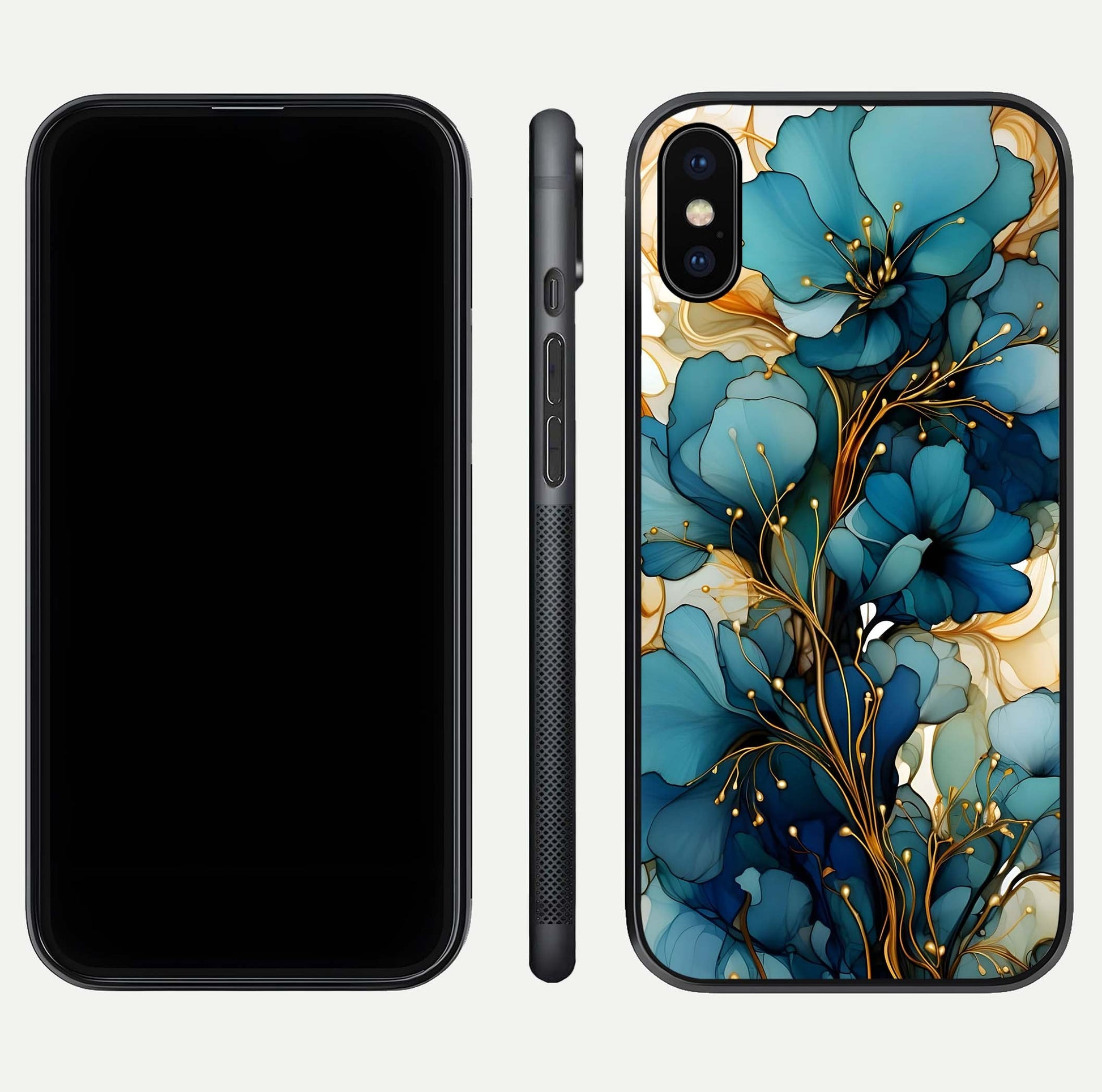 Golden Bloom Symphony Glass Case for iPhone X front and back view layout highlighting rich floral tones and curved glass edges