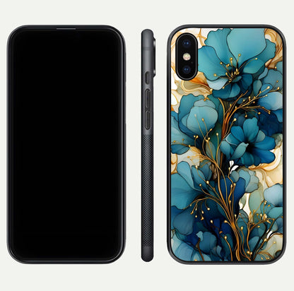 Golden Bloom Symphony Glass Case for iPhone X front and back view layout highlighting rich floral tones and curved glass edges