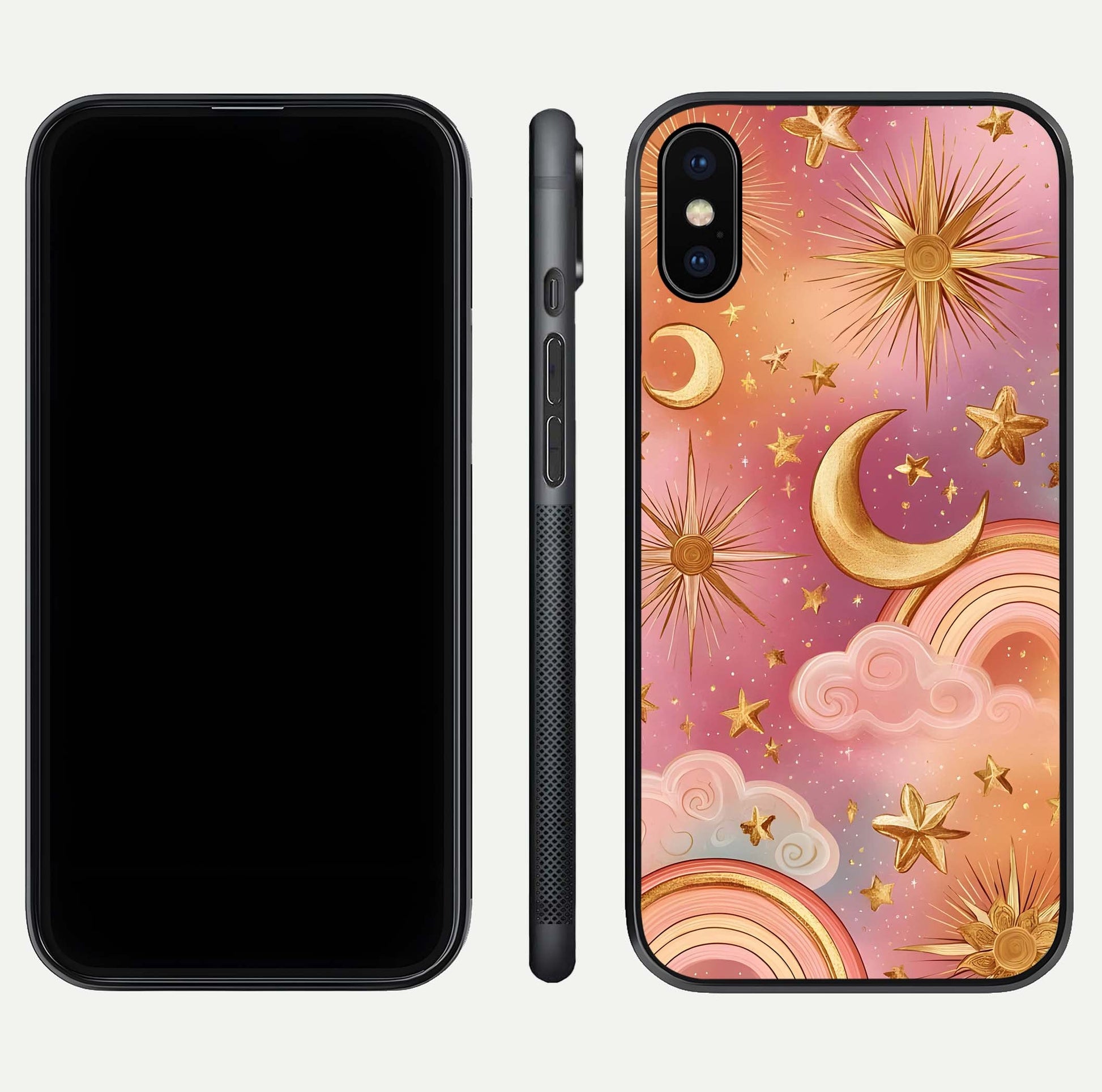 Golden Celestial Dreams Glass Case for iPhone X front and back view layout highlighting celestial motifs and smooth curved edge