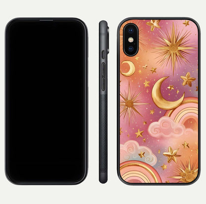 Golden Celestial Dreams Glass Case for iPhone X front and back view layout highlighting celestial motifs and smooth curved edge