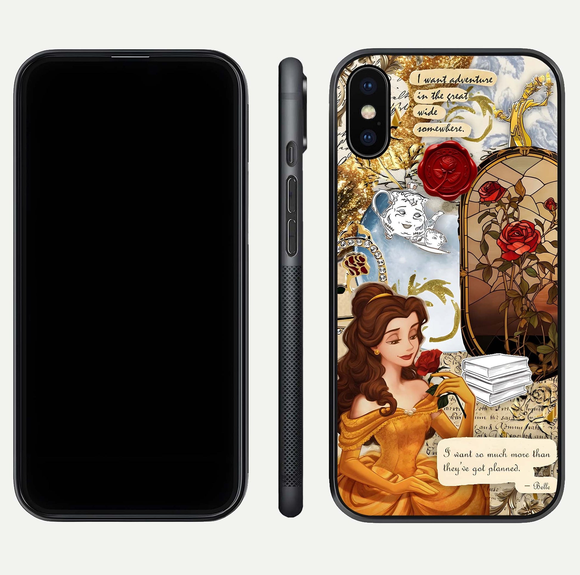 Golden Dream Belle Glass Case for iPhone X front and back view layout displaying dreamy golden theme and smooth curvature