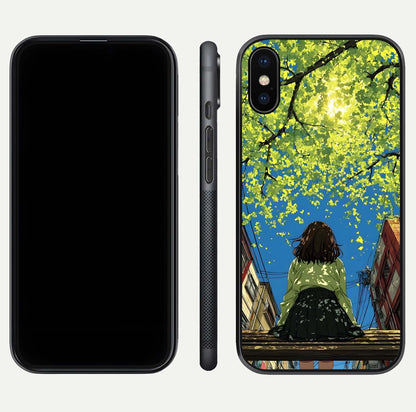 Golden Leaves Glow Glass Case for iPhone X front and back view layout highlighting glowing tones and curved edges