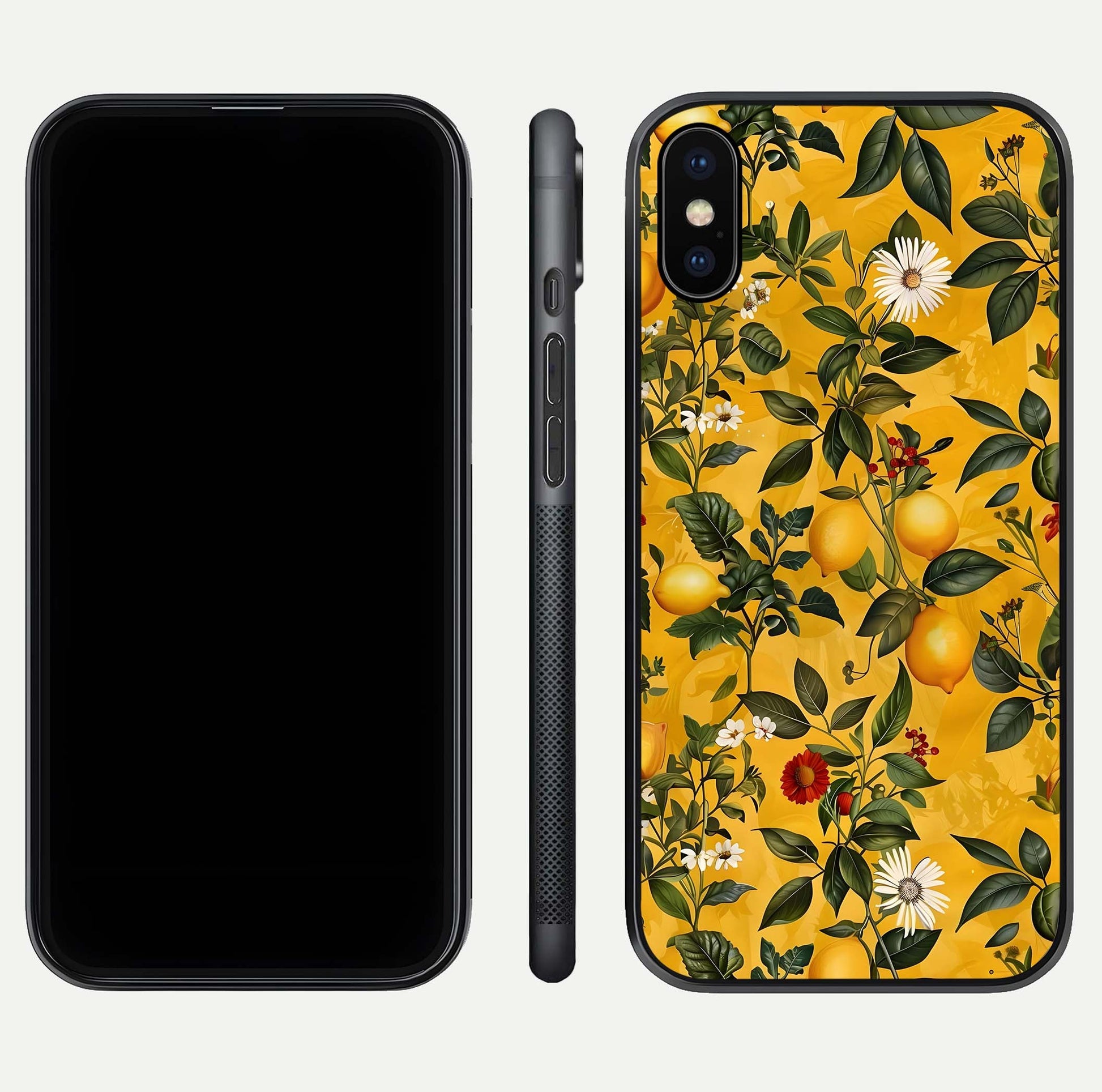 Golden Lemon Field Glass Case for iPhone X front and back view layout highlighting fruity tones and curved glass edges