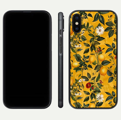 Golden Lemon Field Glass Case for iPhone X front and back view layout highlighting fruity tones and curved glass edges