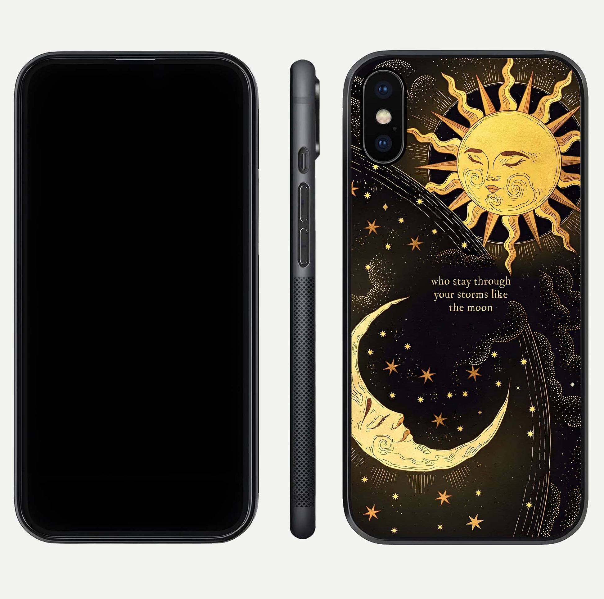 Golden Lunar Love Glass Case for iPhone X front and back view layout highlighting celestial tones and curved edges