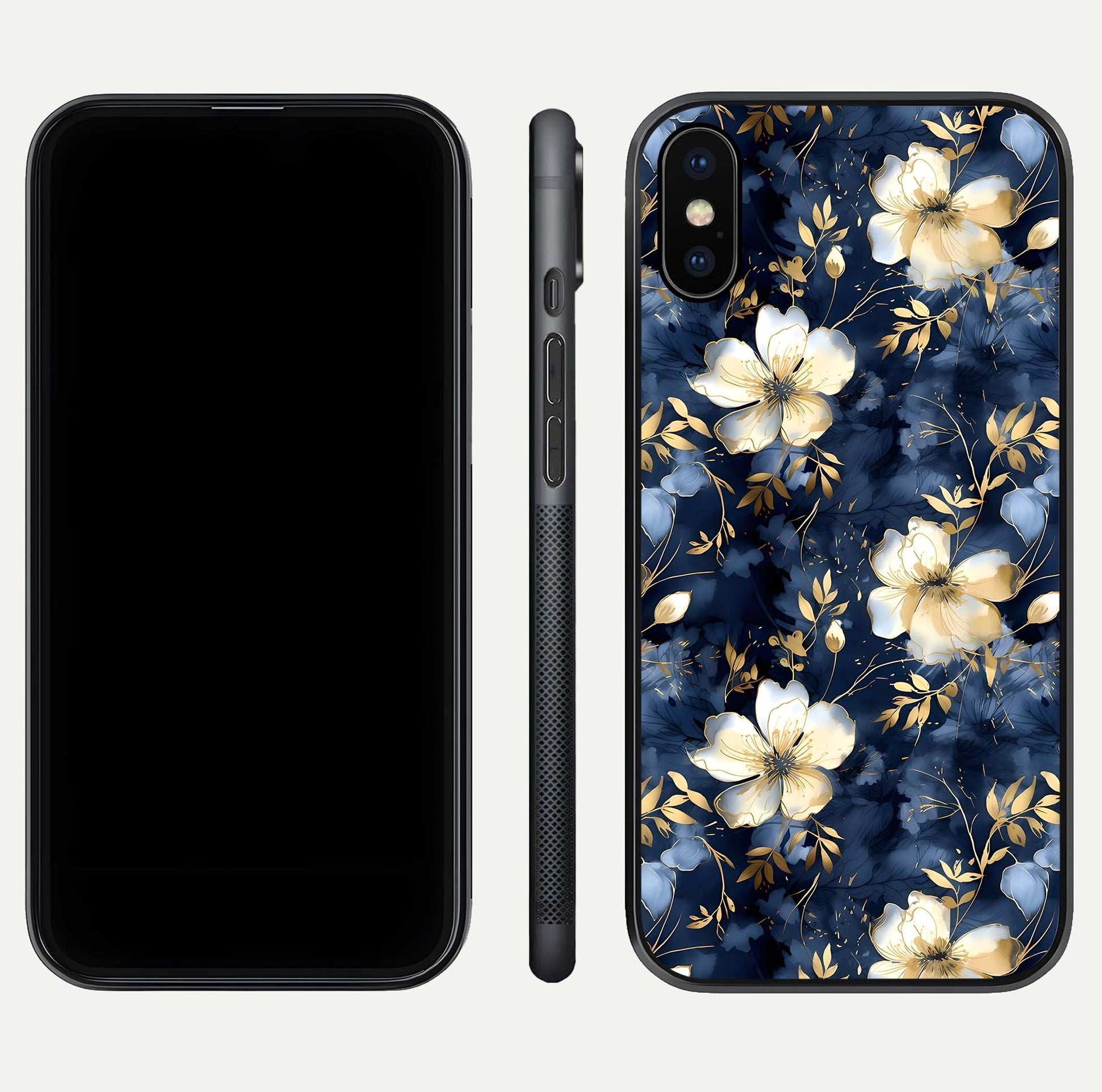 Golden Midnight Bloom Glass Case for iPhone X front and back view layout highlighting dark-gold tones and smooth curves
