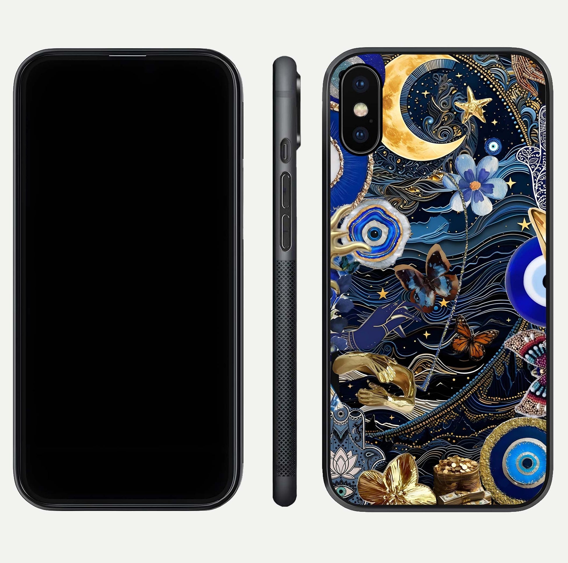 Golden Moon Magic Glass Case for iPhone X front and back view layout highlighting celestial tones and curved glass