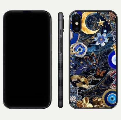 Golden Moon Magic Glass Case for iPhone X front and back view layout highlighting celestial tones and curved glass