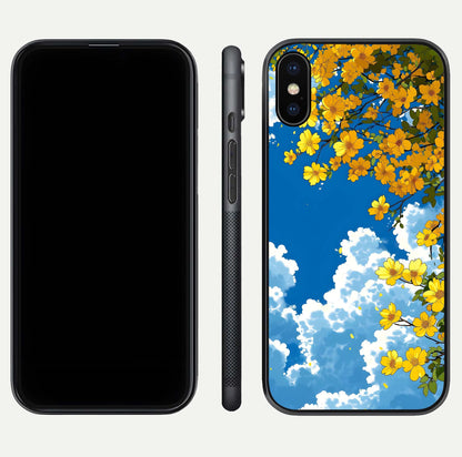 Golden Petal Sky Glass Case for iPhone X front and back view layout highlighting floral pattern and curved glass edges