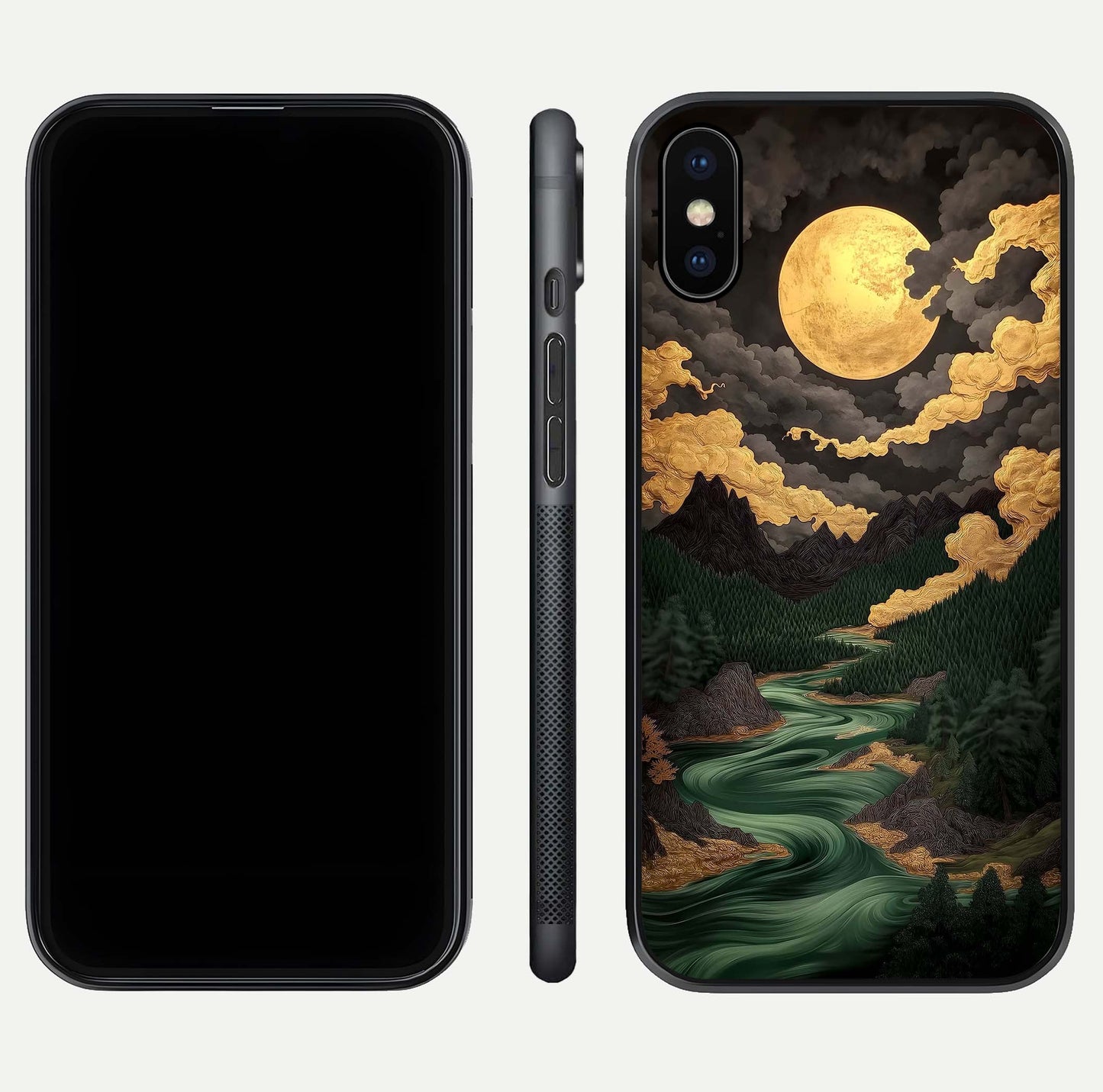 Golden River Moon Glass Case for iPhone X front and back view layout displaying celestial glow and smooth curves