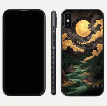 Golden River Moon Glass Case for iPhone X front and back view layout displaying celestial glow and smooth curves