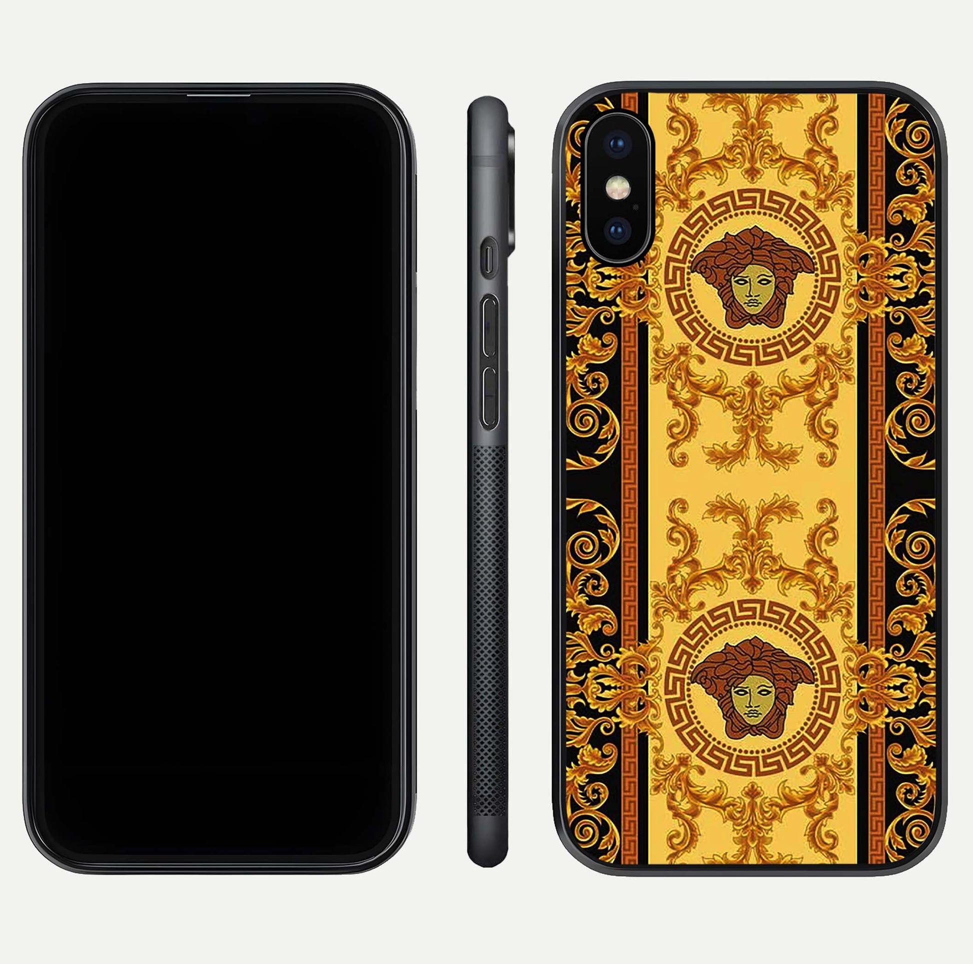 Golden Royal Heritage Glass Case for iPhone X front and back view layout displaying ornate gold texture and curved edges