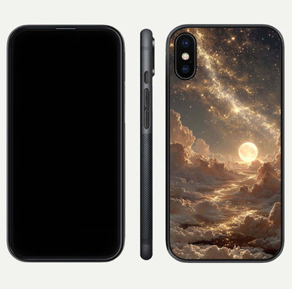 Golden Sky Dream Glass Case for iPhone X front and back view layout highlighting celestial gold hues and curved glass