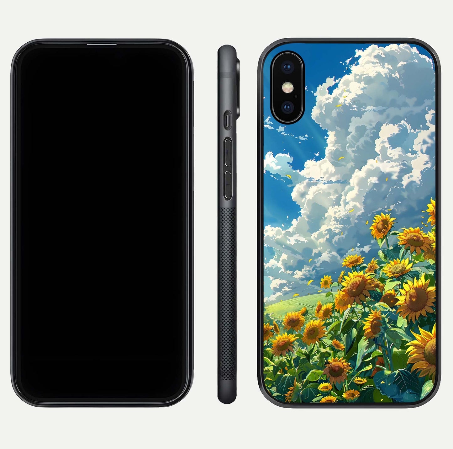 Golden Sun Glory Glass Case for iPhone X front and back view layout displaying bright golden tones and curved edges