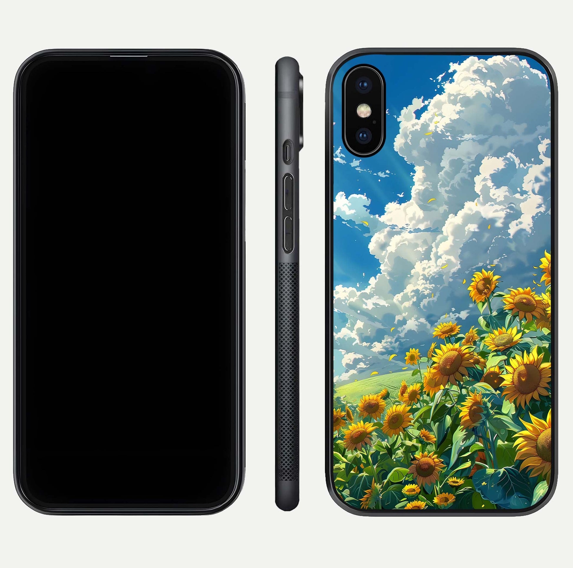 Golden Sun Glory Glass Case for iPhone X front and back view layout displaying bright golden tones and curved edges