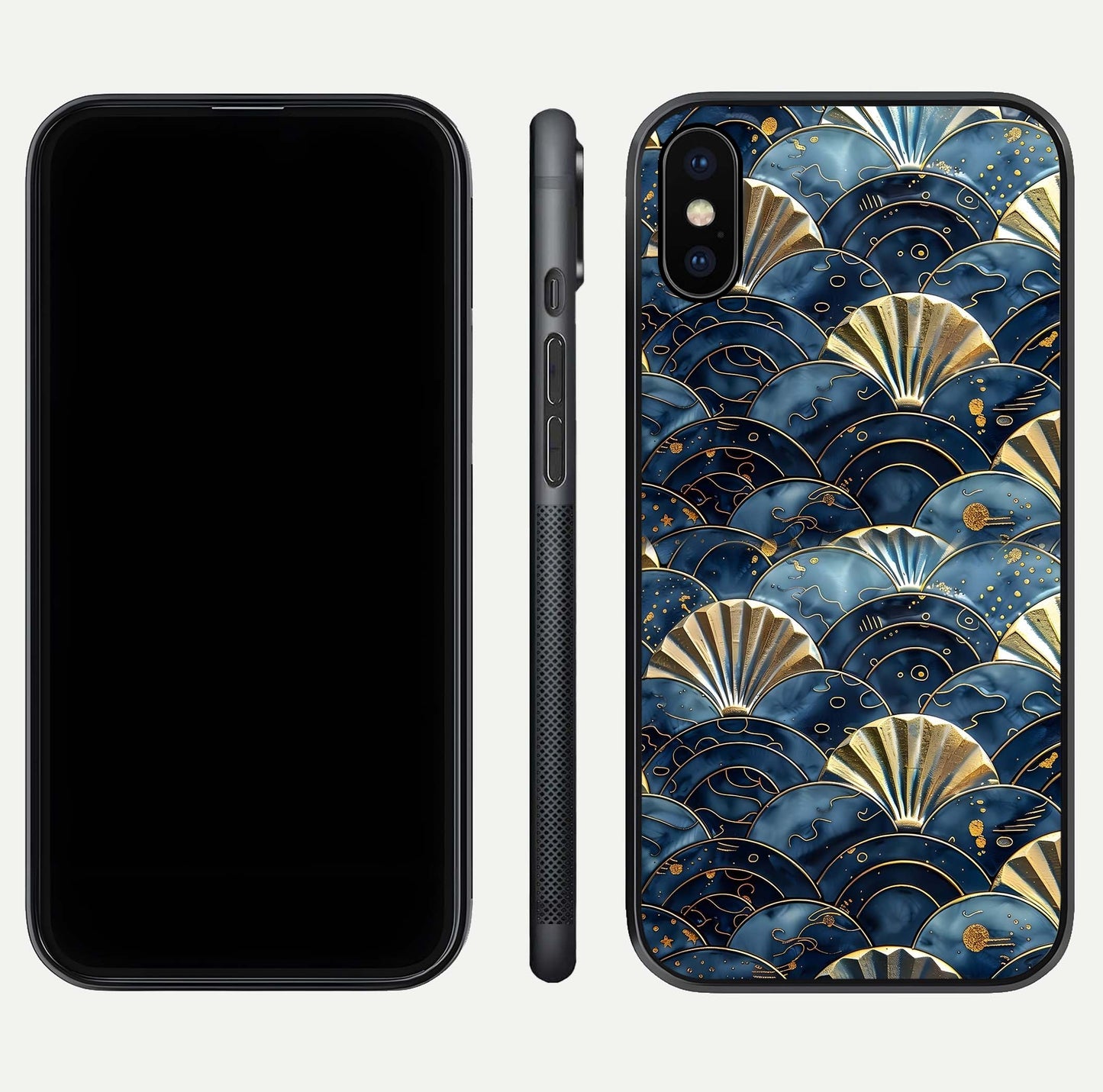 Golden Wave Luxe Glass Case for iPhone X front and back view layout highlighting fluid gold design and curved glass