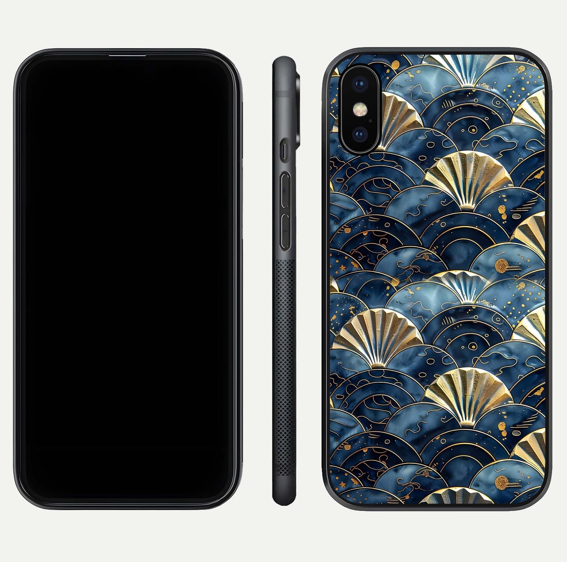 Golden Wave Luxe Glass Case for iPhone X front and back view layout highlighting fluid gold design and curved glass