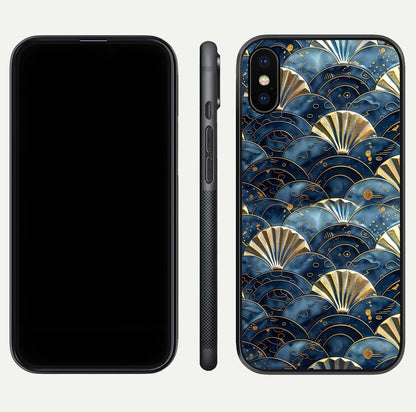 Golden Wave Luxe Glass Case for iPhone X front and back view layout highlighting fluid gold design and curved glass