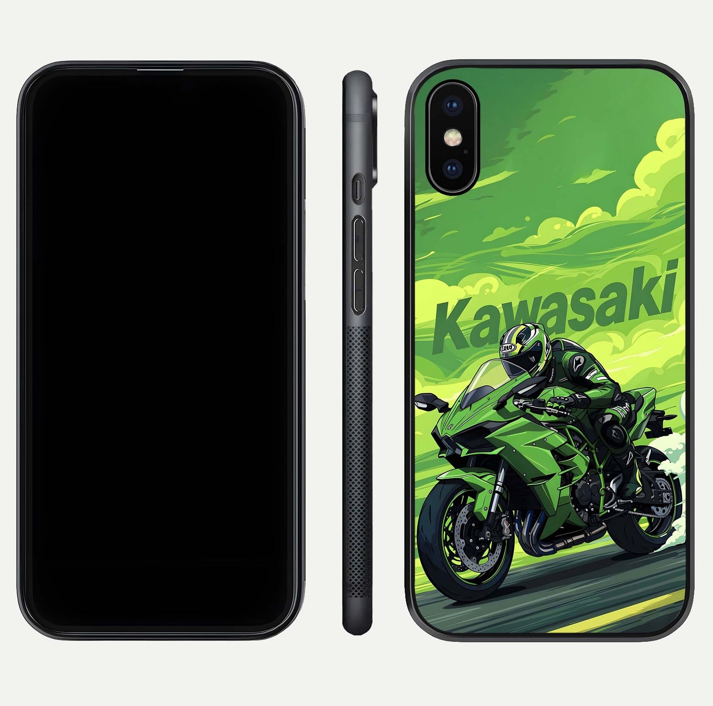 Green Kawasaki Glass Case for iPhone X front and back view layout highlighting vivid green tones and curved glass edges