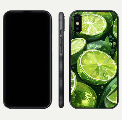 Green Lemon Glass Case for iPhone X front and back view layout displaying vibrant yellow-green hues and smooth edges