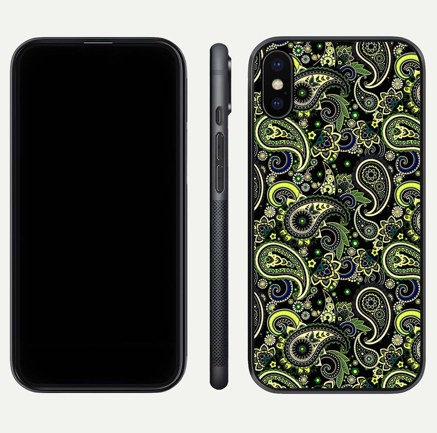 Green Mandala Pattern Glass Case for iPhone X front and back view layout highlighting geometric art and curved glass