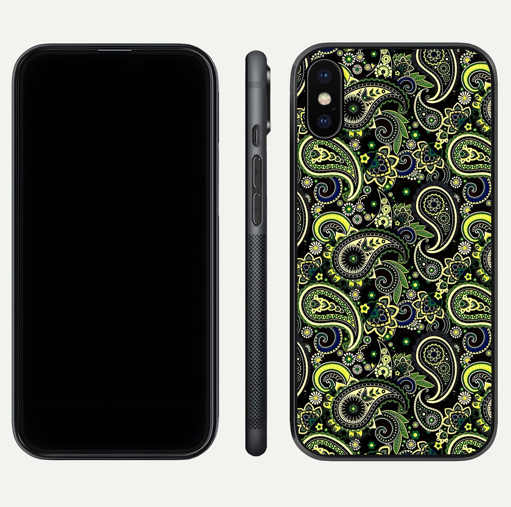 Green Mandala Pattern Glass Case for iPhone X front and back view layout highlighting geometric art and curved glass