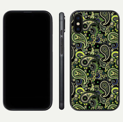 Green Mandala Pattern Glass Case for iPhone X front and back view layout highlighting geometric art and curved glass