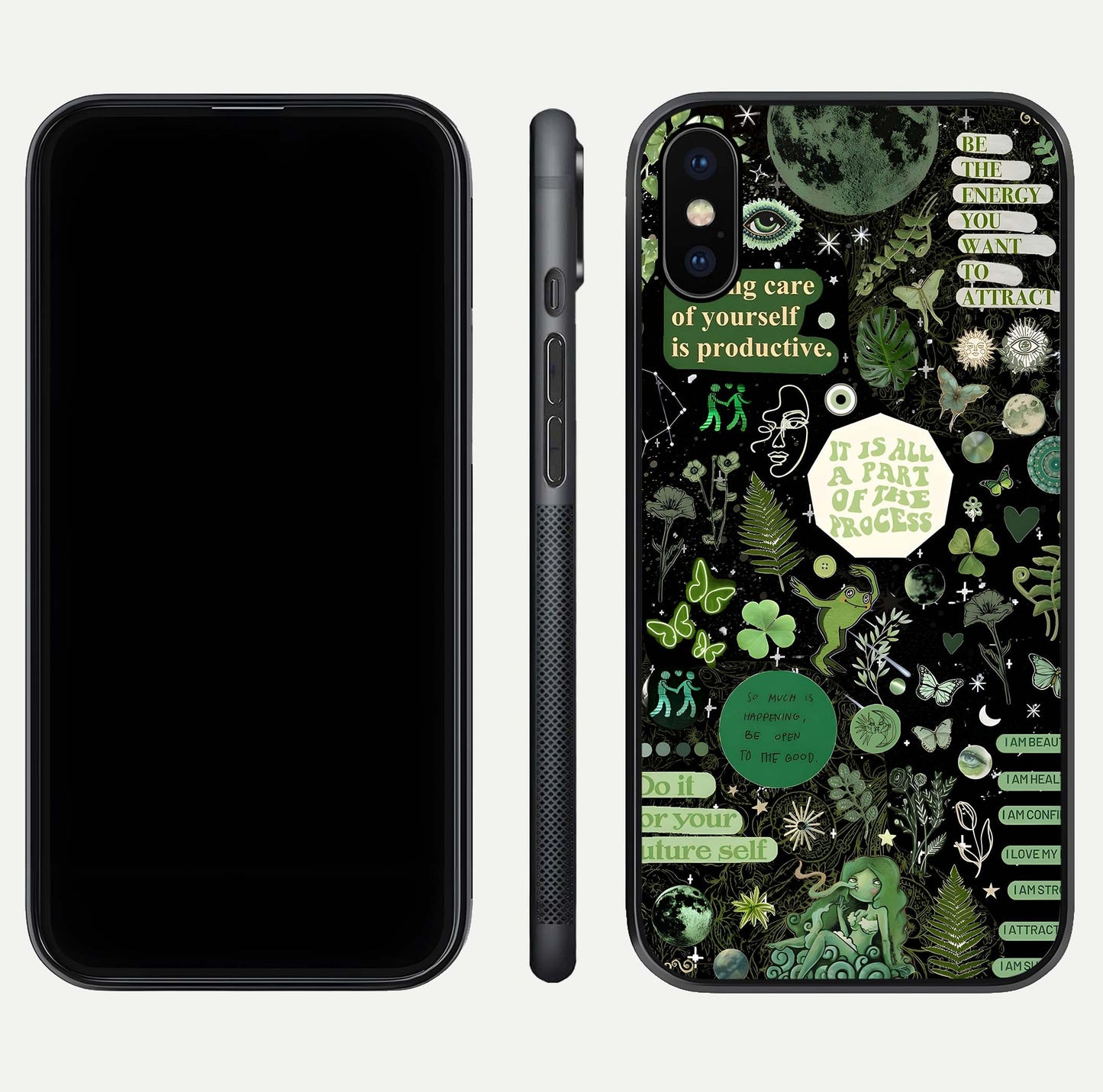 Green Moon Energy Glass Case for iPhone X front and back view layout highlighting cosmic tones and smooth edges